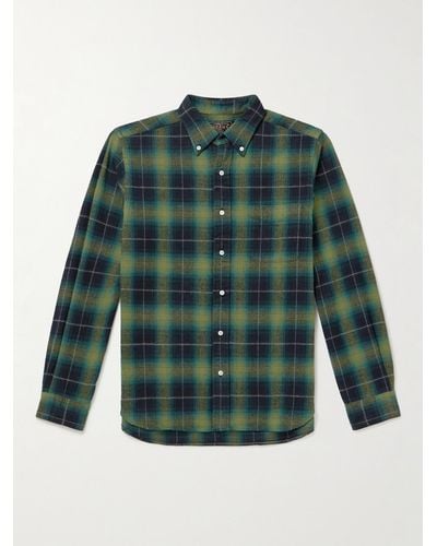 Beams Plus Kariertes Hemd aus gebürstetem Baumwollflanell mit Button-Down-Kragen - Grün