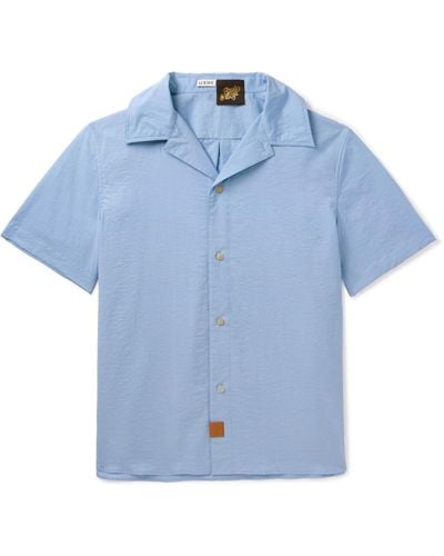 Loewe Paula's Ibiza Pleated Leather-trimmed Cotton-blend Shirt - Blue