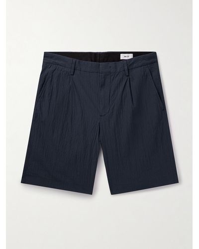 NN07 Bill 5721 Straight-leg Pleated Crinkled Organic Cotton-blend Shorts - Blue