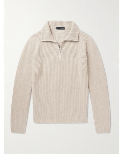 Thom Sweeney Ribbed Merino Wool And Cashmere-blend Half-zip Sweater - Natural