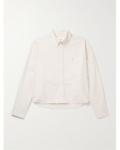 Ami Paris Oversized Cropped Button-down Collar Logo-embroidered Cotton Oxford Shirt - Natural