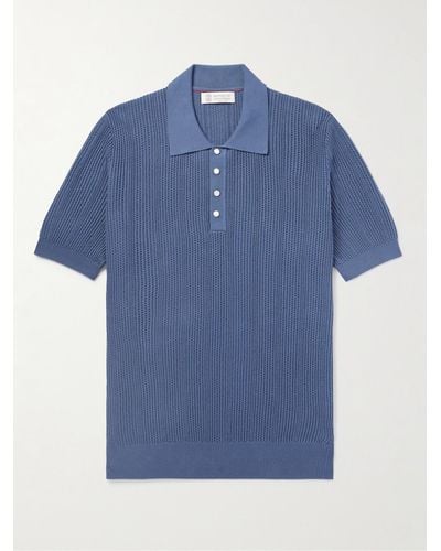 Brunello Cucinelli Schmal geschnittenes Polohemd aus gerippter Baumwolle - Blau