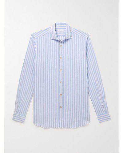 Boglioli Cutaway-collar Striped Linen And Cotton-blend Shirt - Blue