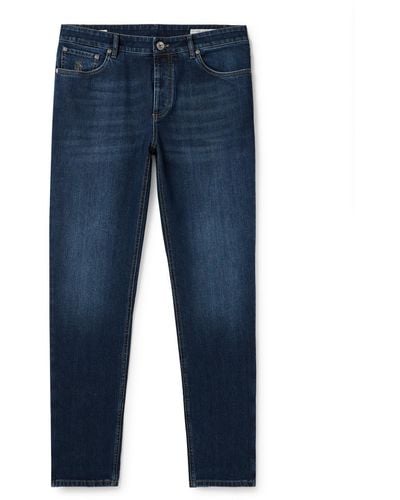 Brunello Cucinelli Slim-fit Straight-leg Logo-embroidered Jeans - Blue