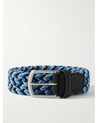 Anderson's 3.5cm Leather-trimmed Woven Elastic Belt - Blue