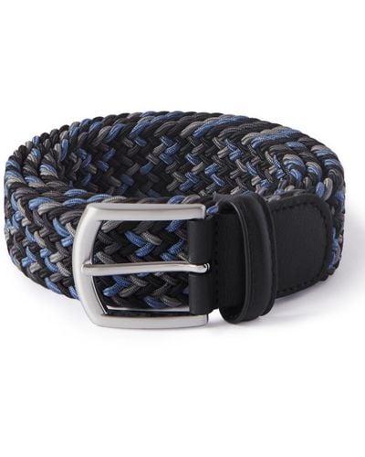 Anderson's 3.5cm Leather-trimmed Woven Elastic Belt - Blue