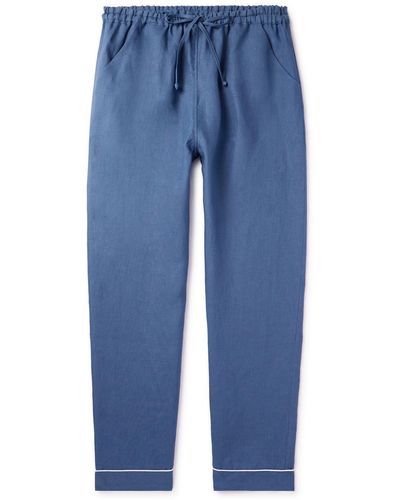 Loretta Caponi Straight-leg Linen Drawstring Pajama Pants - Blue