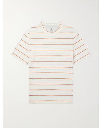 Brunello Cucinelli Striped Linen And Cotton-blend T-shirt - Natural