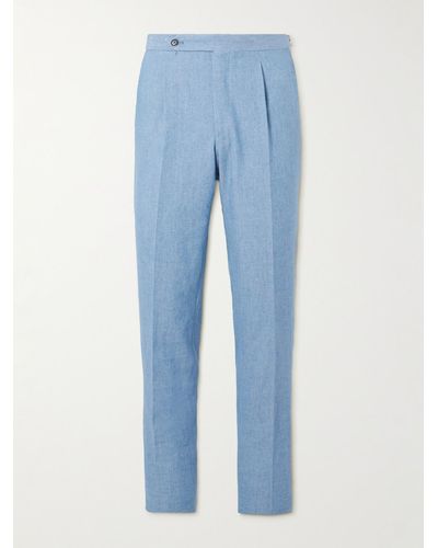 De Petrillo Straight-leg Pleated Cotton-chambray Pants - Blue