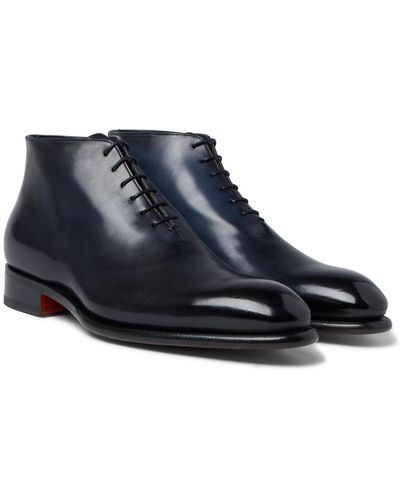 Santoni Whole-cut Burnished-leather Oxford Boots - Blue