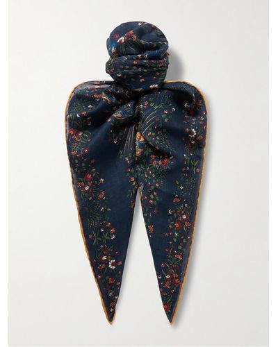 Drake's Birds Of Paradise Printed Wool And Silk-blend Scarf - Blue