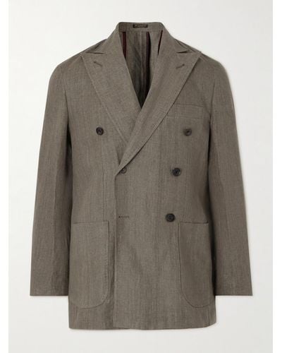 Rubinacci Double-breasted Linen Suit Jacket - Brown