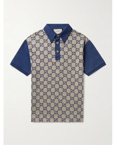 Gucci Monogram Contrast-trim Silk And Cotton-blend Polo Shirt - Blue