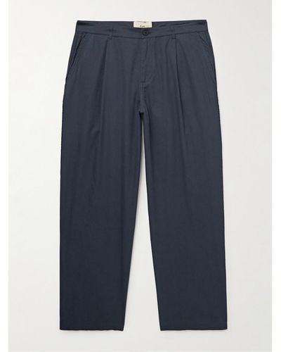 Folk Wide-leg Pleated Cotton-twill Pants - Blue