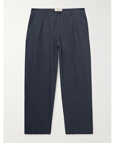 Folk Wide-leg Pleated Cotton-twill Trousers - Blue