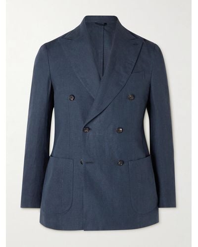 De Petrillo Double-breasted Linen Suit Jacket - Blue