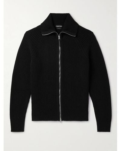 Tom Ford Cardigan slim-fit in misto lana e cashmere a coste con zip - Nero