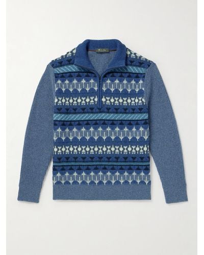 Loro Piana Fair Isle Ribbed-knit Cashmere Half-zip Sweater - Blue