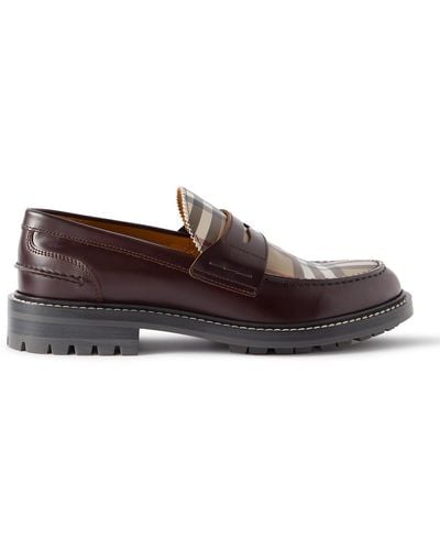 Burberry Checked Leather Penny Loafers - Brown