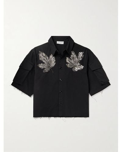 Dries Van Noten Camicia cropped in gabardine di cotone sfrangiato con decorazioni - Nero