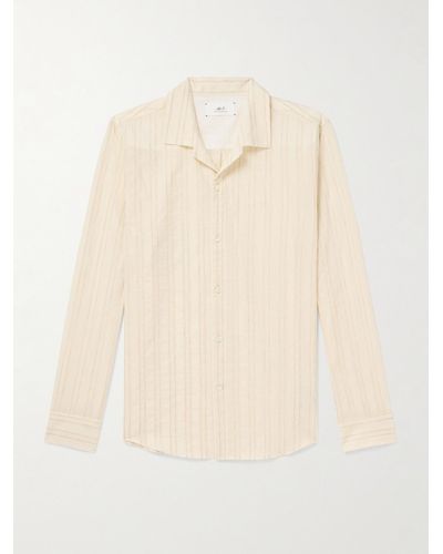 MR P. Camp-collar Embroidered Striped Cotton And Linen-blend Shirt - Natural