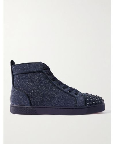 Christian Louboutin Louis Spiked Glitter Suede-trimmed Leather High-top Trainers - Blue
