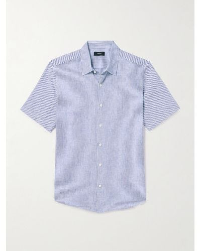 Theory Irving Striped Linen Oxford Shirt - Blue
