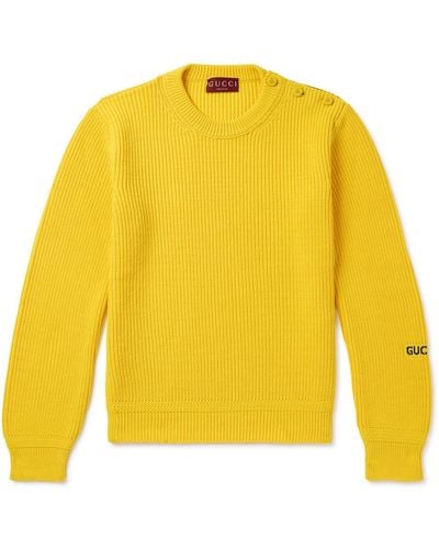 Gucci Button-embellished Logo-intarsia Ribbed Cotton-blend Sweater - Yellow
