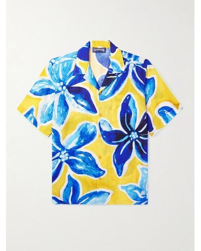 Vilebrequin Chelly Camp-collar Floral-print Hemp And Tm Lyocell-blend Shirt - Blue