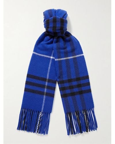 Burberry Fringed Checked Wool And Cashmere-blend Scarf - Blue
