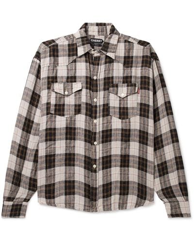 CHERRY LA Big Western Checked Stone-washed Linen Shirt - Black