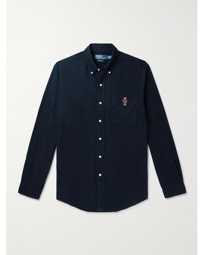 Polo Ralph Lauren Hemd aus Baumwollflanell mit Button-Down-Kragen und Logostickerei - Blau