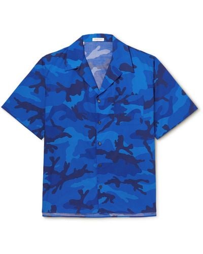 Valentino Garavani Camp-collar Camouflage-print Cotton-poplin Shirt - Blue