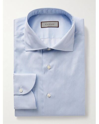 Canali Camicia slim-fit in twill di cotone a righe con collo alla francese - Blu