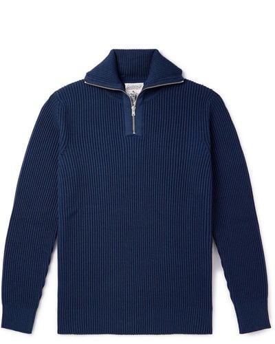 S.N.S. Herning Fender Ribbed Merino Wool Half-zip Sweater - Blue