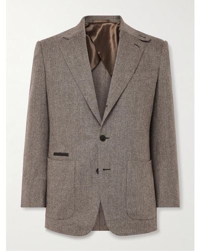 James Purdey & Sons Hacking Leather-trimmed Herringbone Wool And Cashmere-blend Tweed Blazer - Brown