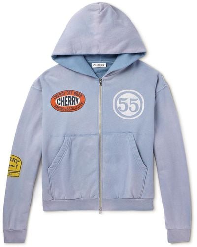 CHERRY LA Off Road Logo-print Garment-dyed Cotton-jersey Zip-up Hoodie - Blue