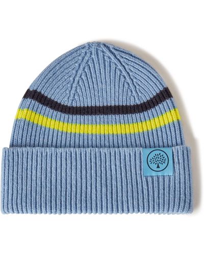 Mulberry Beanie Neon Stripe In Pale Slate And Neon Yellow Wool - Blue