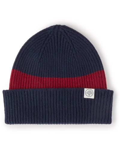 Mulberry Color Block Knitted Beanie In Navy And Oxblood Wool Cashmere Blend - Blue