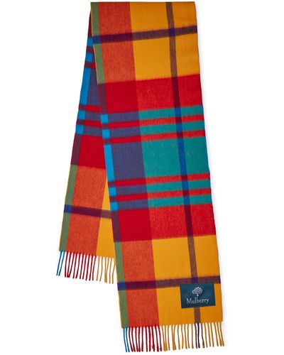 Mulberry Small Check Merino Wool Scarf In Double Yellow Merino Wool - Red