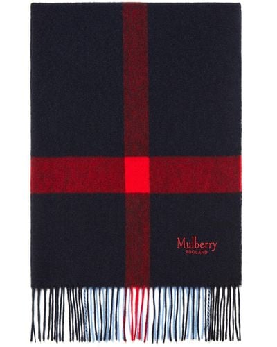 Mulberry Large Check Lambswool Scarf In Dark Navy Lambswool - Blue