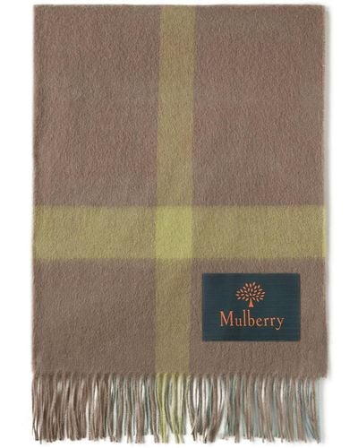 Mulberry Large Check Lambswool Scarf In Solid Gray And Cambridge Green Lambswool - Brown