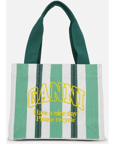 Ganni Large Easy Striped Canvas Tote Bag - Green