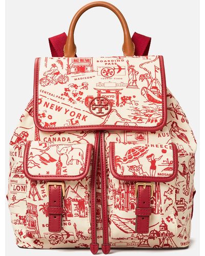 Tory Burch Perry Nylon Printed Flap Backpack - Red