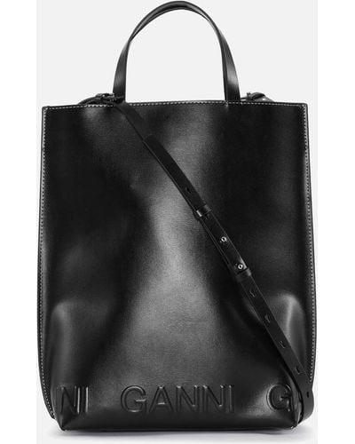 Ganni Medium Banner Logo Leather Tote Bag - Black