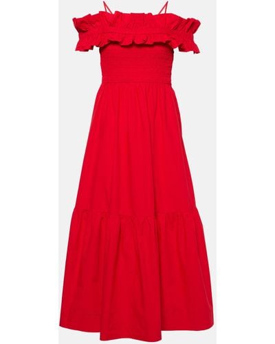 Ganni Ruched Cotton Poplin Midi Dress - Red