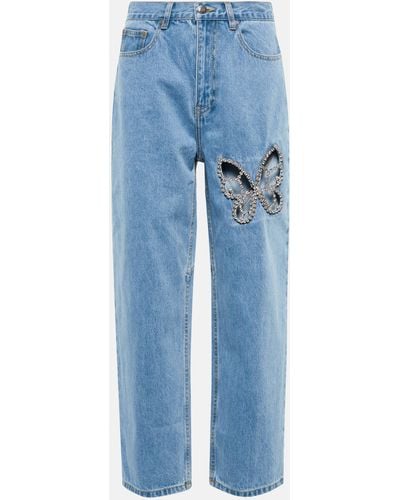 Area Embellished Cutout High-rise Jeans - Blue