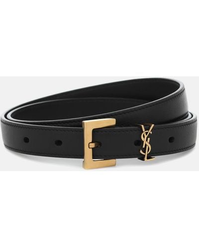 Saint Laurent Cassandre Slim Leather Belt - Black