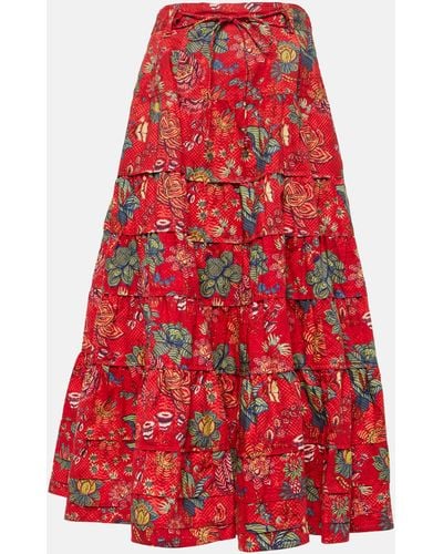 Ulla Johnson Floral Cotton Midi Skirt - Red