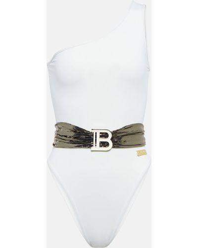 Balmain Sequined One-shoulder Swimsuit - White